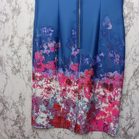 ADRIANNA PAPELL  Floral Print Scuba Sheath Dress Women's Blue Size 8 Above Knee - Picture 6 of 9